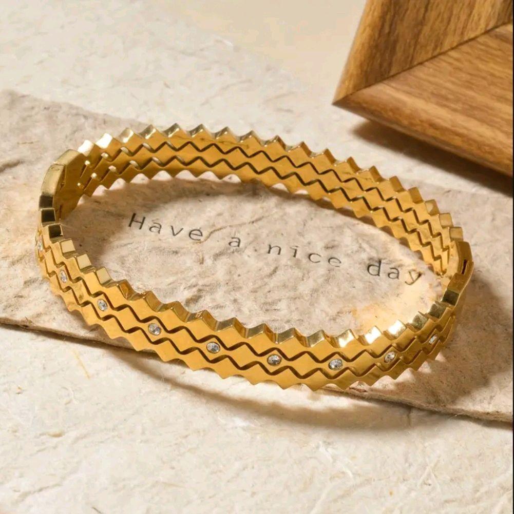 Vintage-Inspired Geometric Cuff Bracelet With Sparkling Cubic Zirconia Stones in Gold Finish