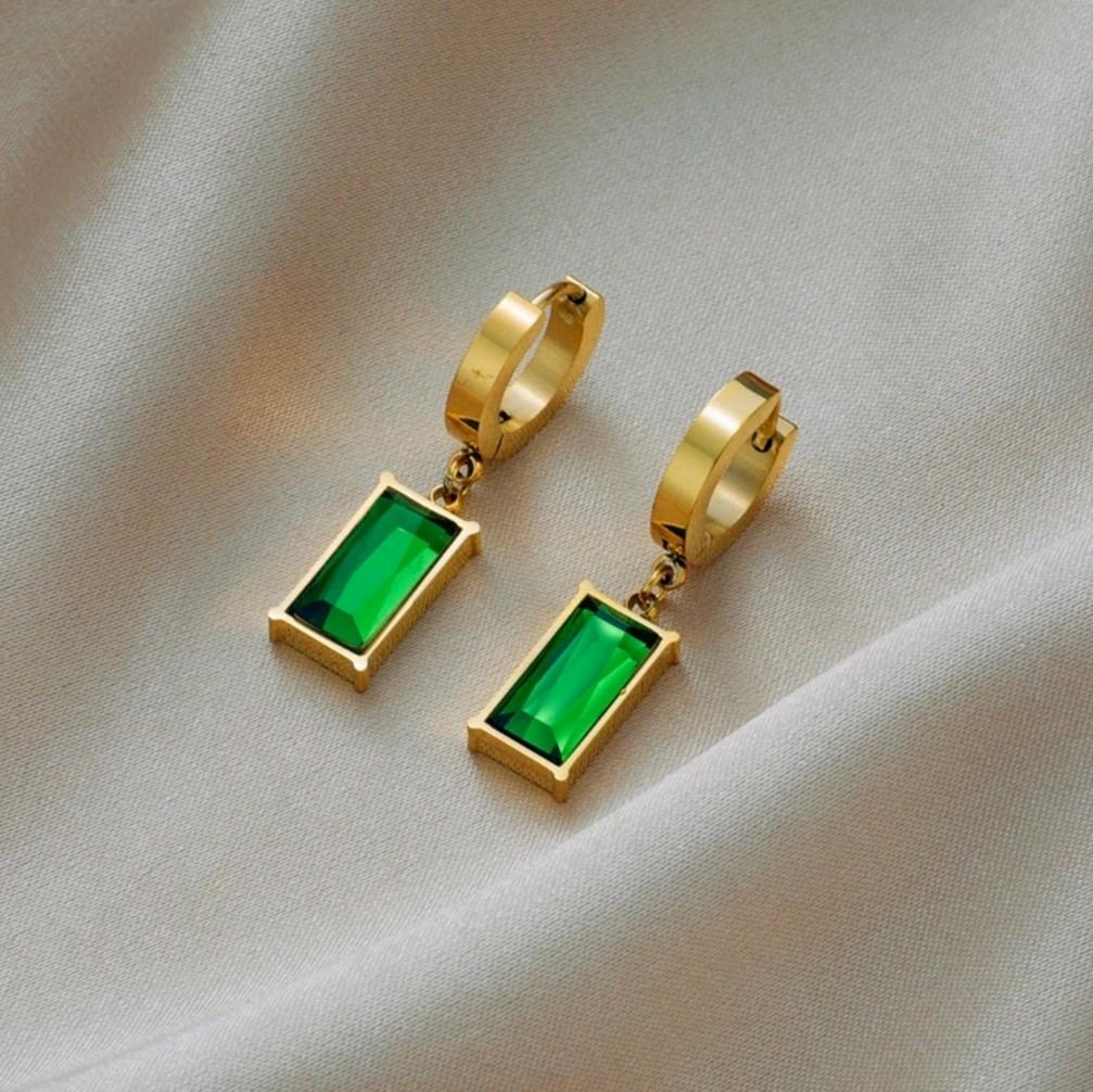 Square Green Crystal Zircon Earrings / Stainless Steel.