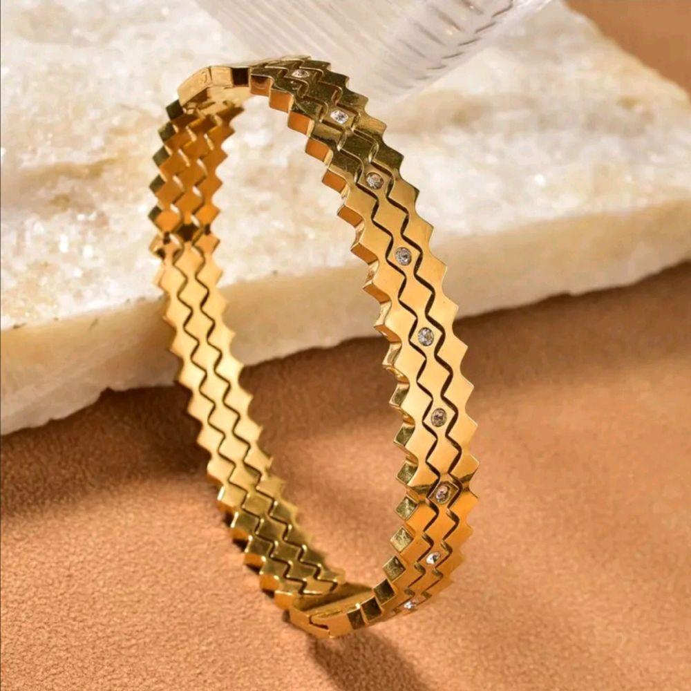Vintage-Inspired Geometric Cuff Bracelet With Sparkling Cubic Zirconia Stones in Gold Finish