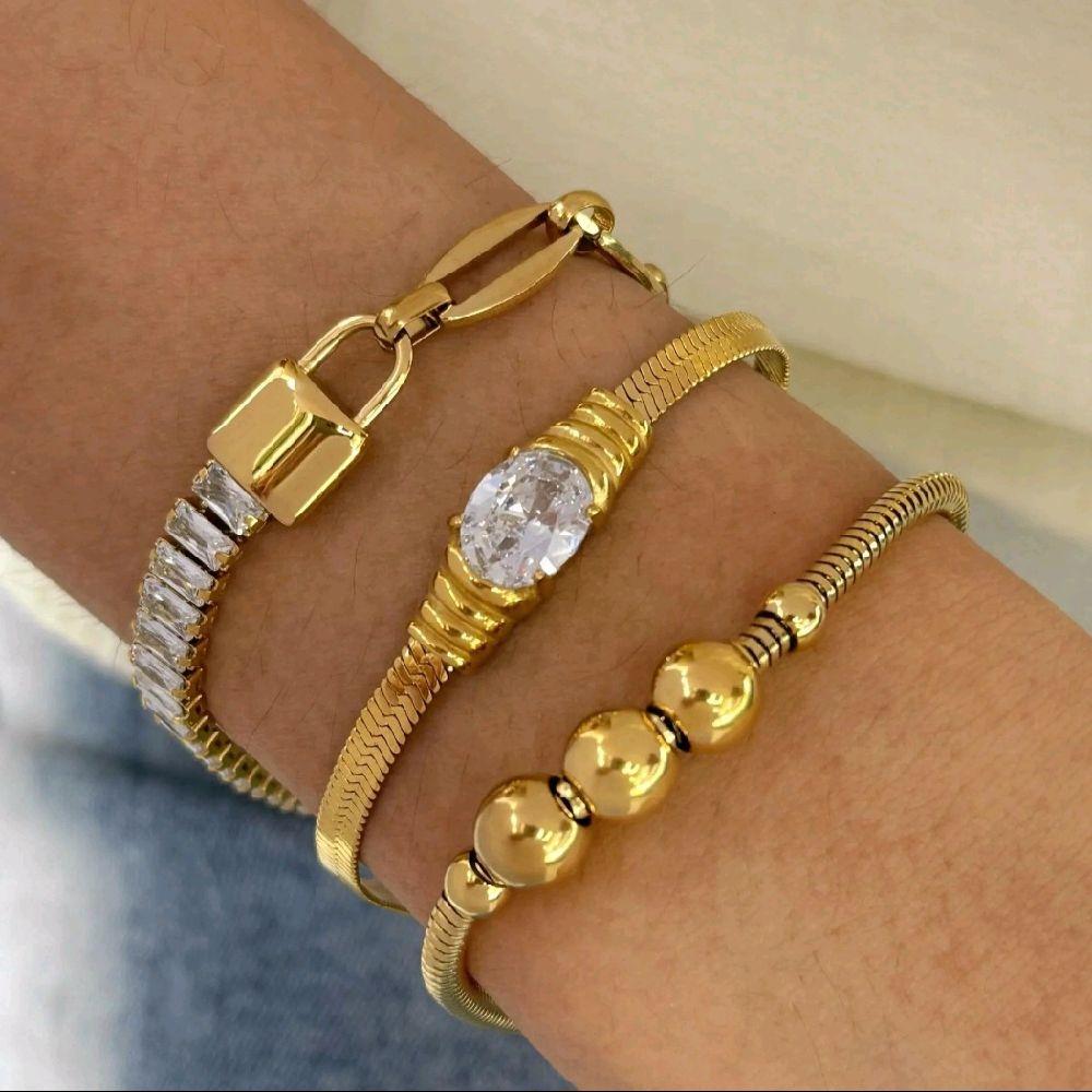Oval Crystal Bracelet Women's 18k Gold Plated Flat Snake Chain Zircon Bracelet
