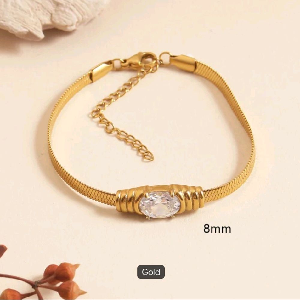 Oval Crystal Bracelet Women's 18k Gold Plated Flat Snake Chain Zircon Bracelet