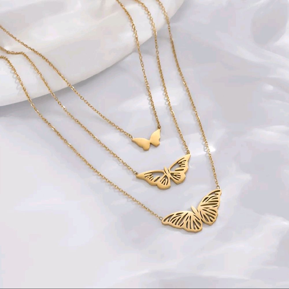 3 Layers 18k Gold Plated Charms Jewellery Multi-layer Butterfly Pendant Necklace in Stainless Steel for Elegant Style