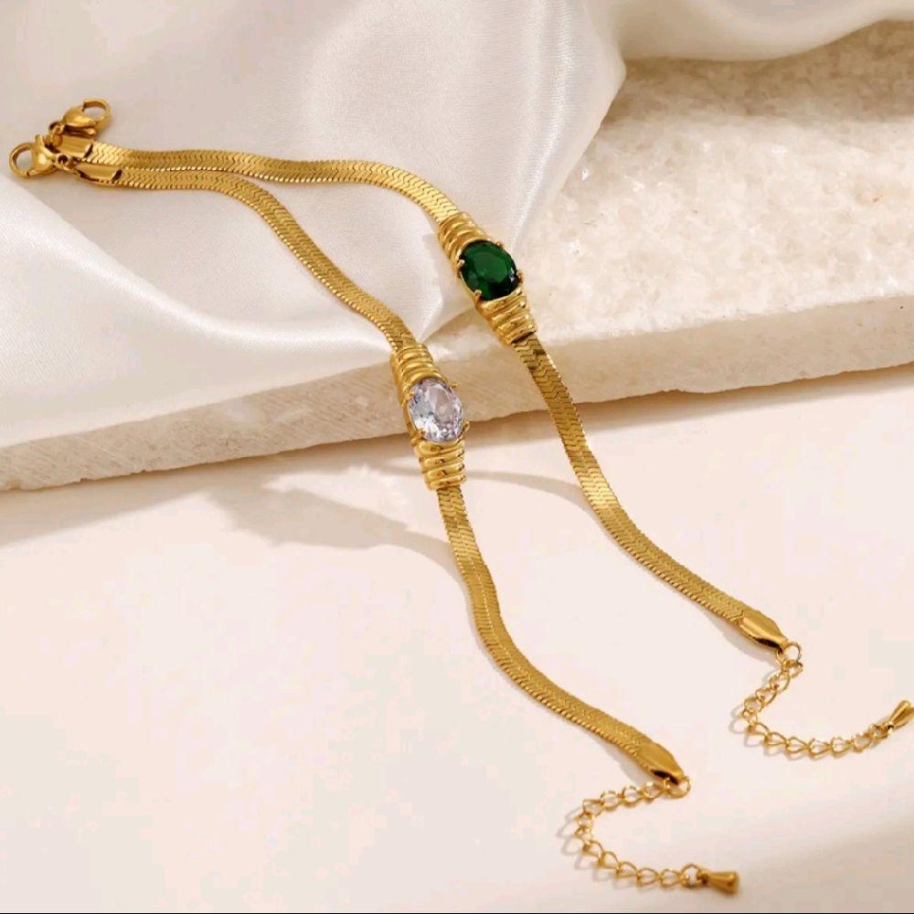 Elegant Gold Tone Snake Chain Bracelet with Green and Clear Gemstones for Women's Fashion Accessories