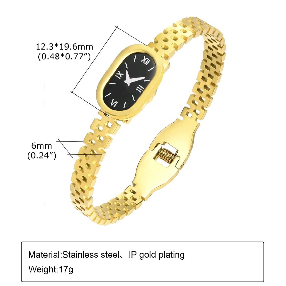 Luxury Gold Women's Watch with Sleek Black Oval Dial Elegant Roman Numerals and Gold Bracelet