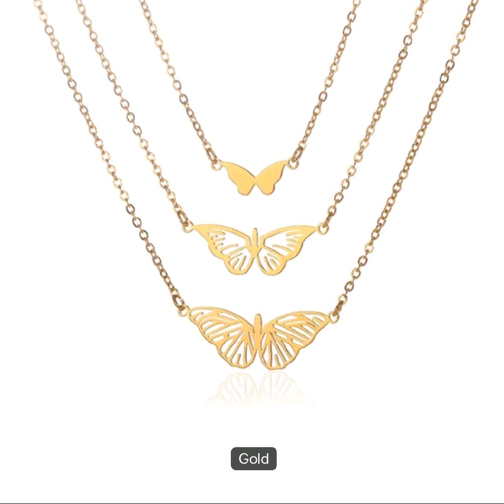 3 Layers 18k Gold Plated Charms Jewellery Multi-layer Butterfly Pendant Necklace in Stainless Steel for Elegant Style