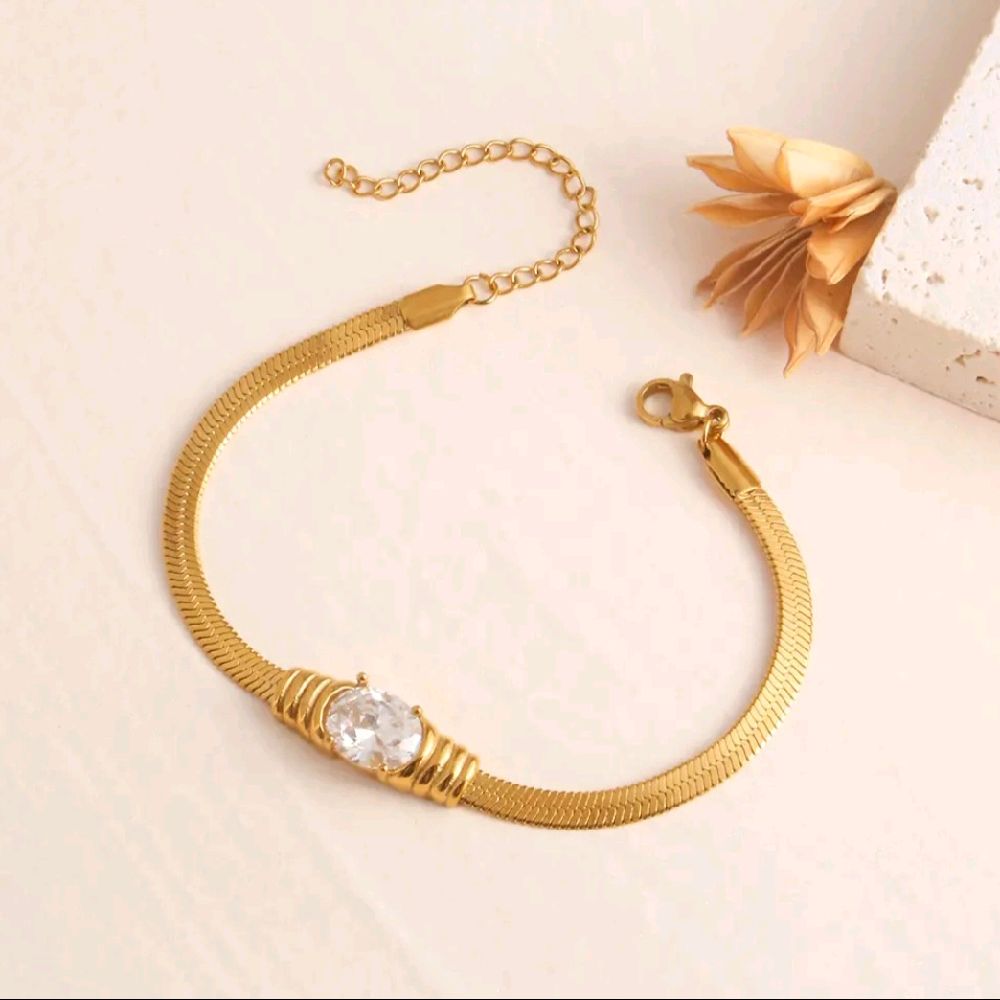 Oval Crystal Bracelet Women's 18k Gold Plated Flat Snake Chain Zircon Bracelet