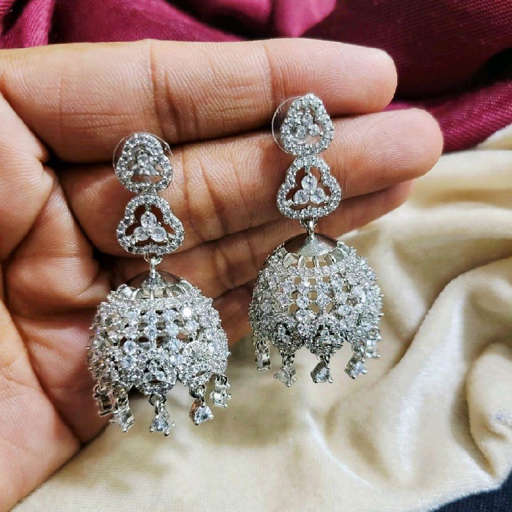 Silver-tone, Stone-studded Jhumka-Style Drop Earrings.