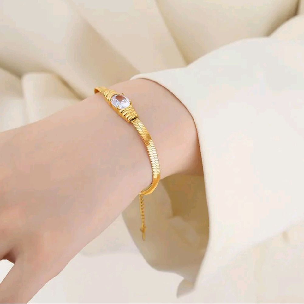 Oval Crystal Bracelet Women's 18k Gold Plated Flat Snake Chain Zircon Bracelet