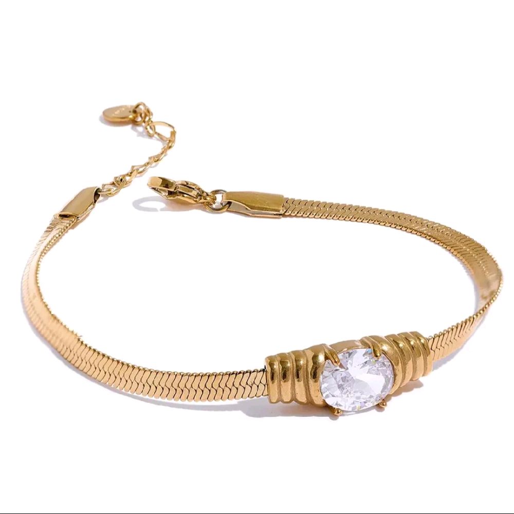 Oval Crystal Bracelet Women's 18k Gold Plated Flat Snake Chain Zircon Bracelet