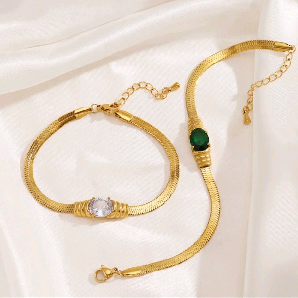 Elegant Gold Tone Snake Chain Bracelet with Green and Clear Gemstones for Women's Fashion Accessories