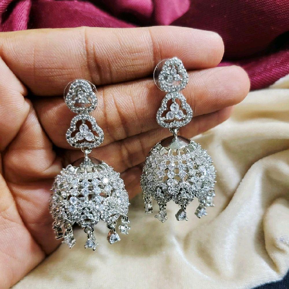 Silver-tone, Stone-studded Jhumka-Style Drop Earrings.