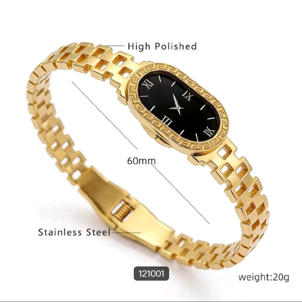 Luxury Gold Women's Watch with Sleek Black Oval Dial Elegant Roman Numerals and Gold Bracelet