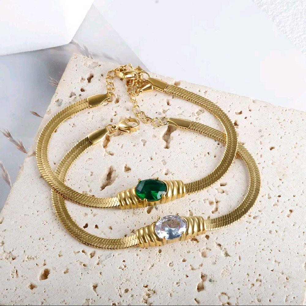 Elegant Gold Tone Snake Chain Bracelet with Green and Clear Gemstones for Women's Fashion Accessories