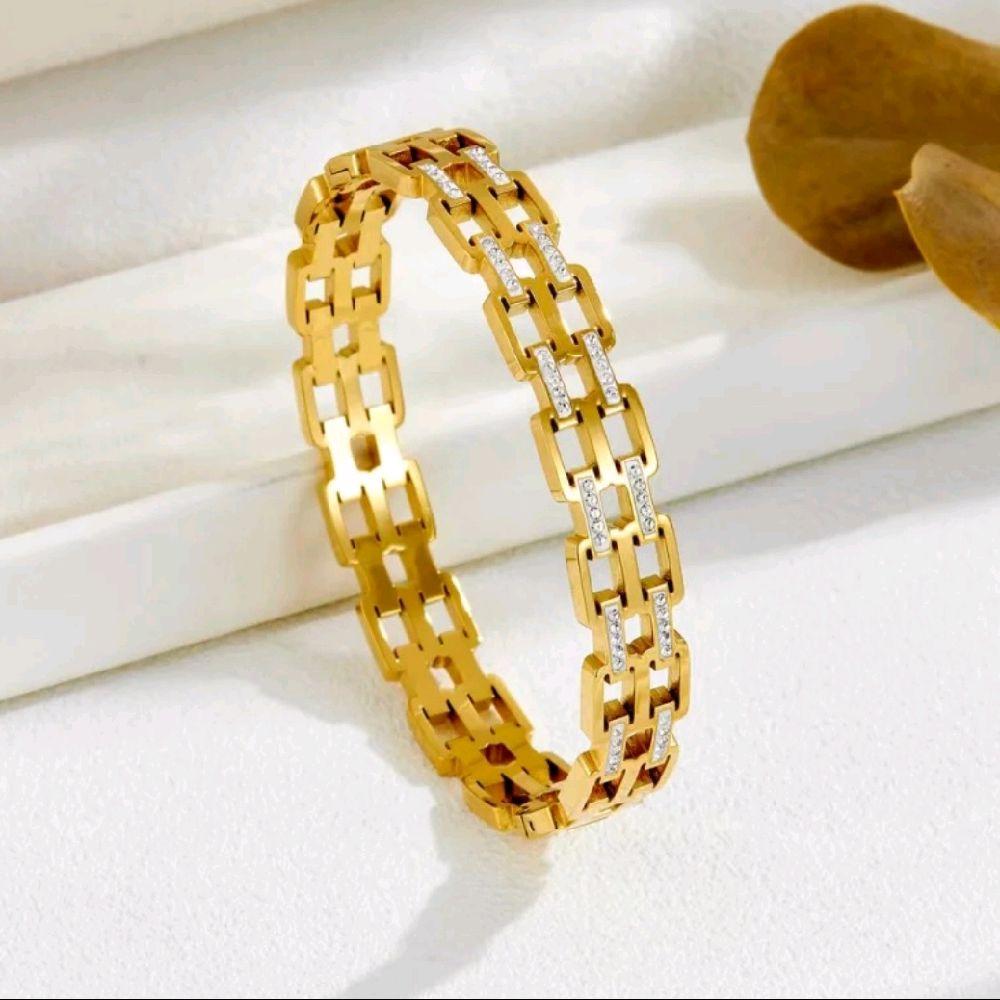 18k Gold Plated Stainless Steel Bangle with Elegant Chain Design Fashionable Jewelry for Women