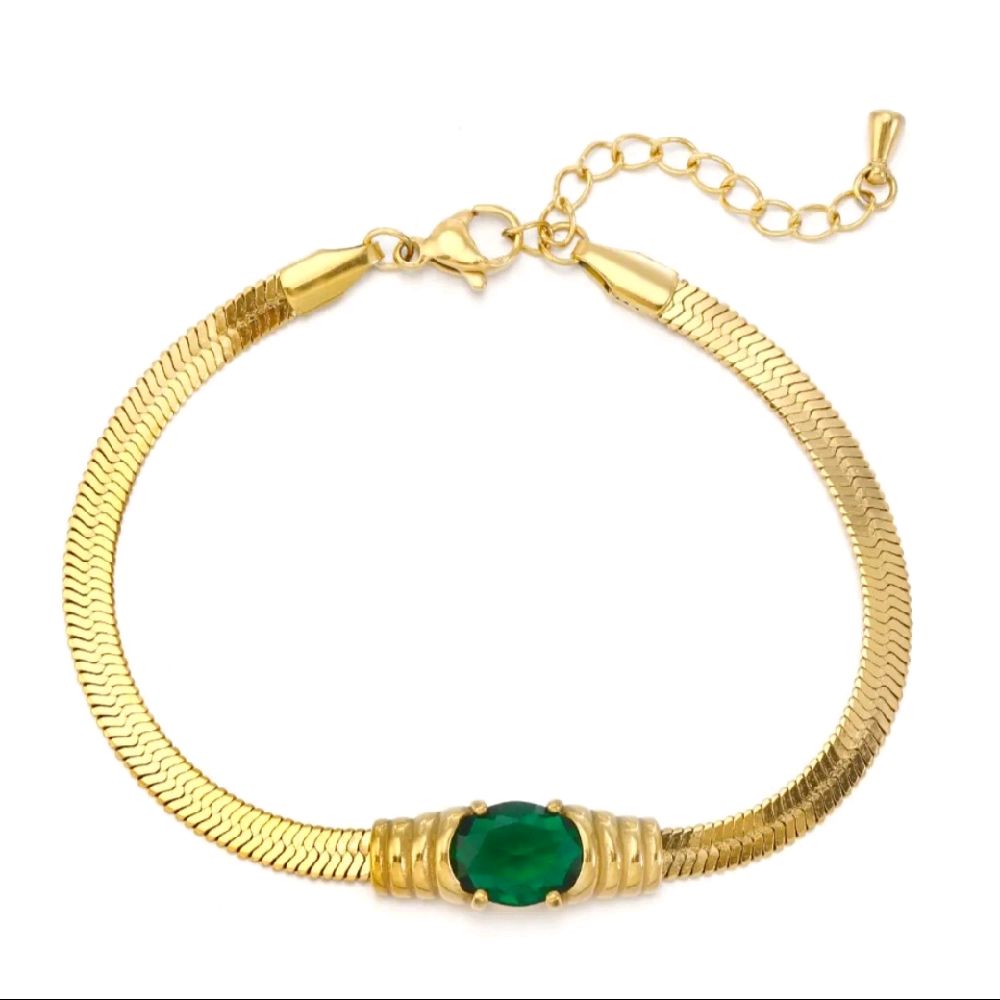 Elegant Gold Tone Snake Chain Bracelet with Green and Clear Gemstones for Women's Fashion Accessories
