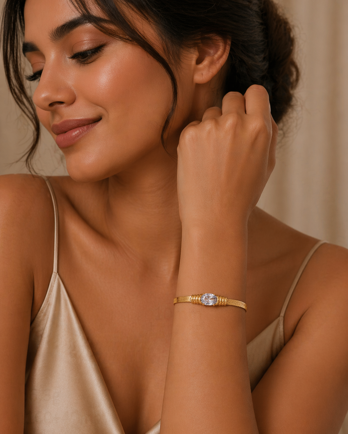 Oval Crystal Bracelet Women's 18k Gold Plated Flat Snake Chain Zircon Bracelet