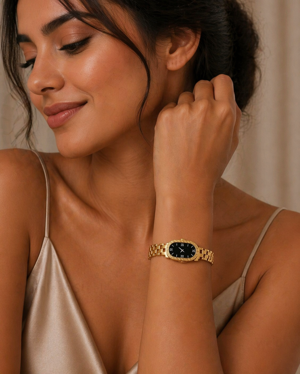 Luxury Gold Women's Watch with Sleek Black Oval Dial Elegant Roman Numerals and Gold Bracelet