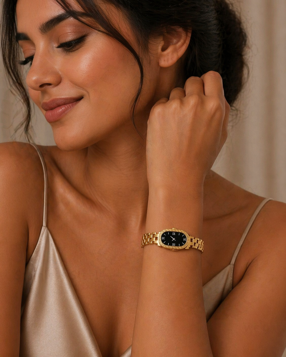 Luxury Gold Women's Watch with Sleek Black Oval Dial Elegant Roman Numerals and Gold Bracelet