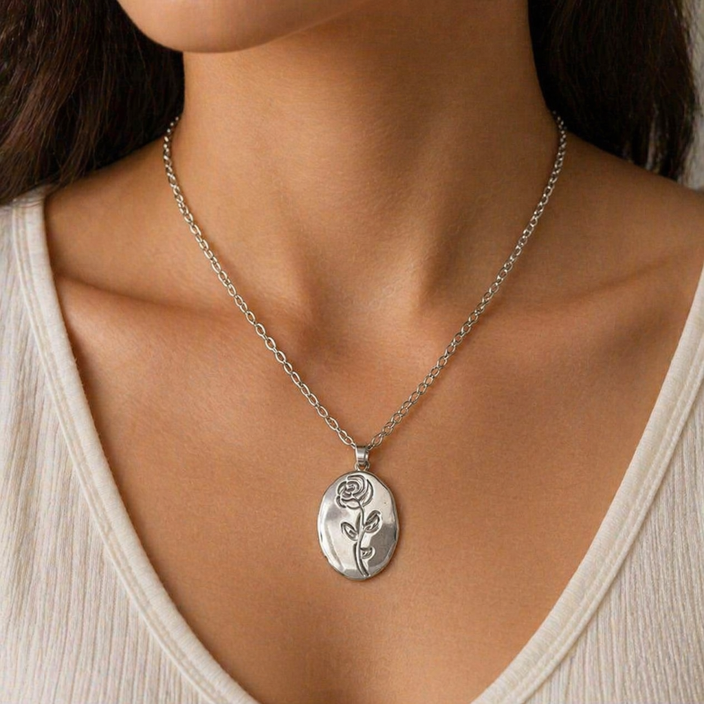 Beautiful Design Necklace  - Elegant Rose Pendant in Silver Finish for Women