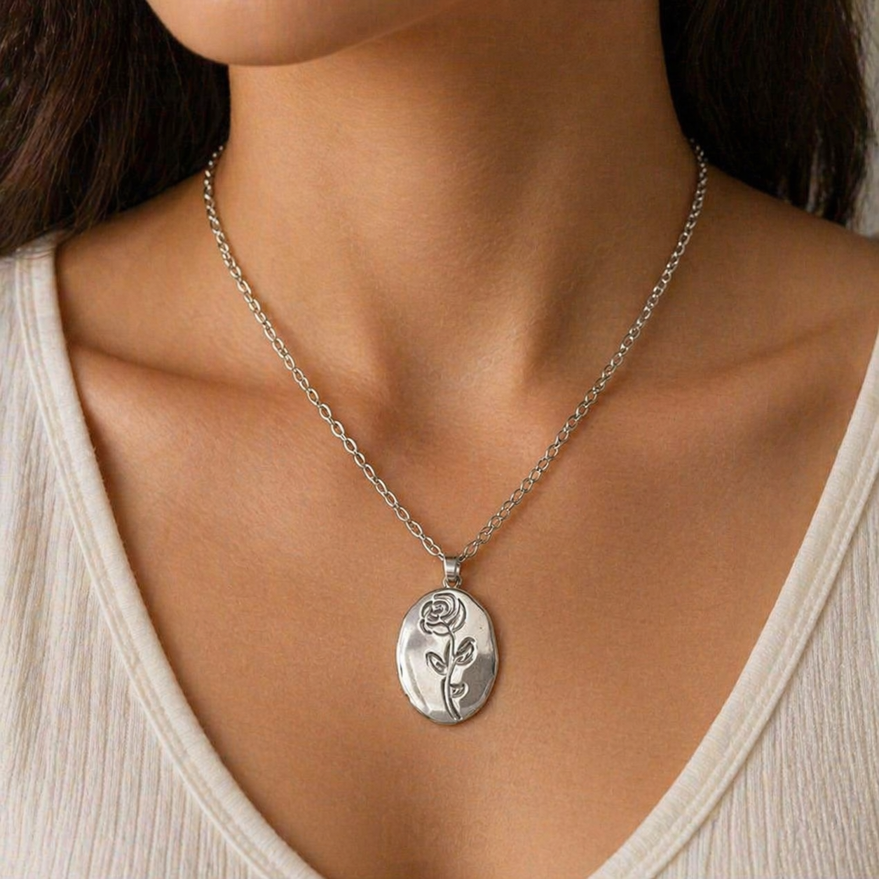 Beautiful Design Necklace  - Elegant Rose Pendant in Silver Finish for Women