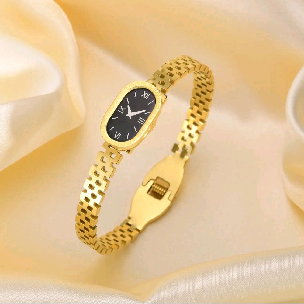 Luxury Gold Women's Watch with Sleek Black Oval Dial Elegant Roman Numerals and Gold Bracelet