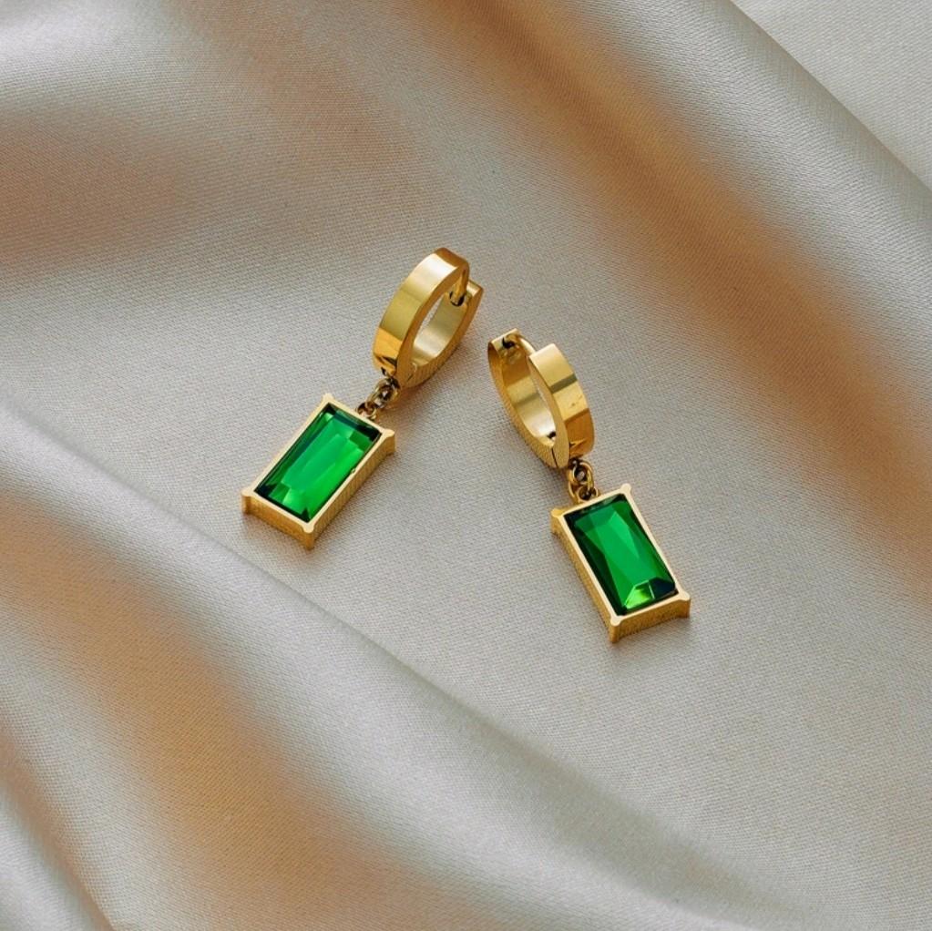Square Green Crystal Zircon Earrings / Stainless Steel.