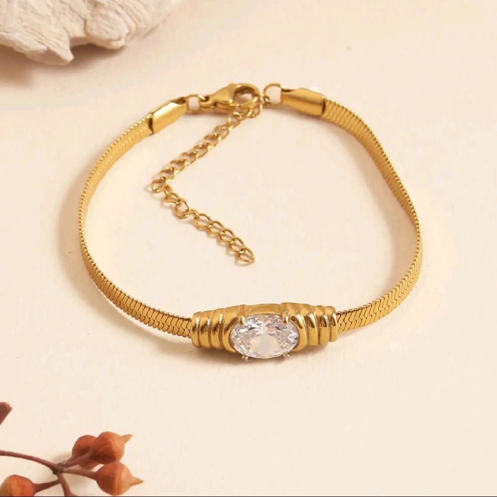 Oval Crystal Bracelet Women's 18k Gold Plated Flat Snake Chain Zircon Bracelet