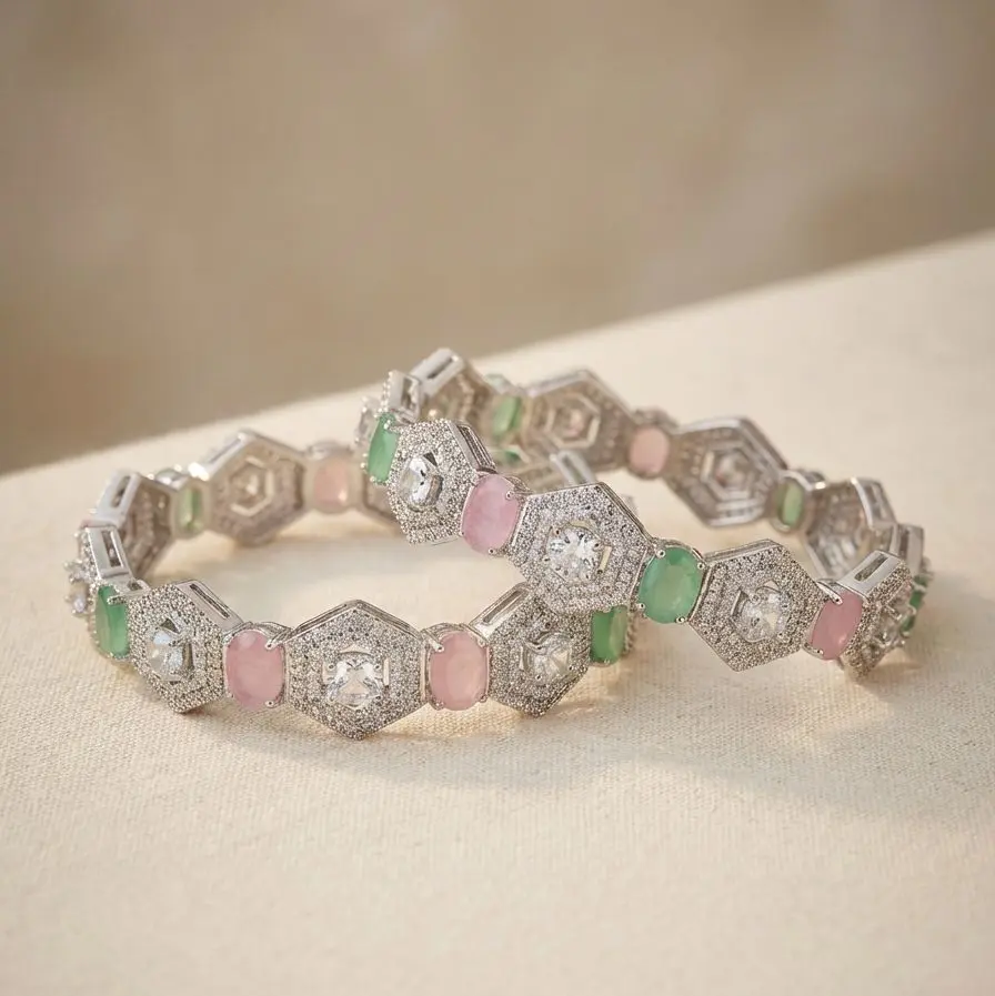 Delicate Pink & Green Gem Bangles