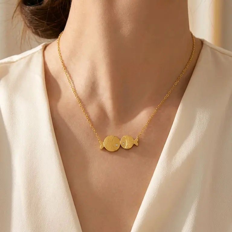 Gold & Silver Double Fish Pendant Necklace