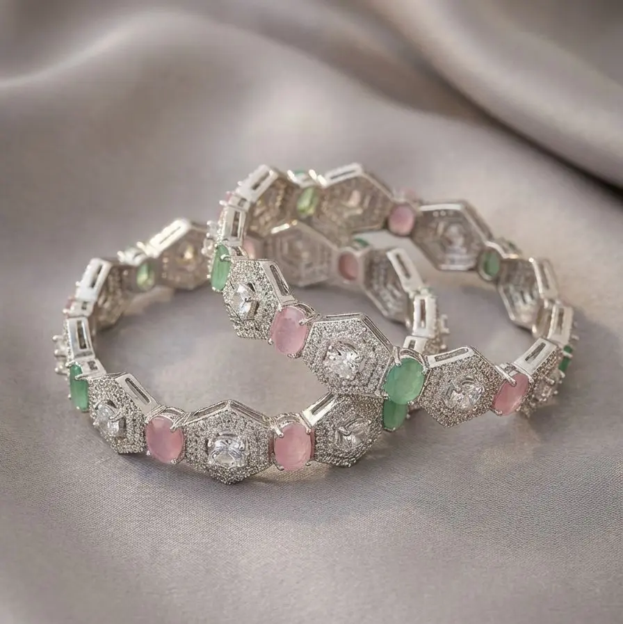 Delicate Pink & Green Gem Bangles