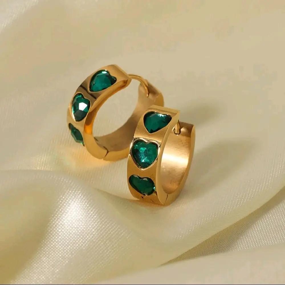 Heart Green Zircon Huggie Hoop Earrings