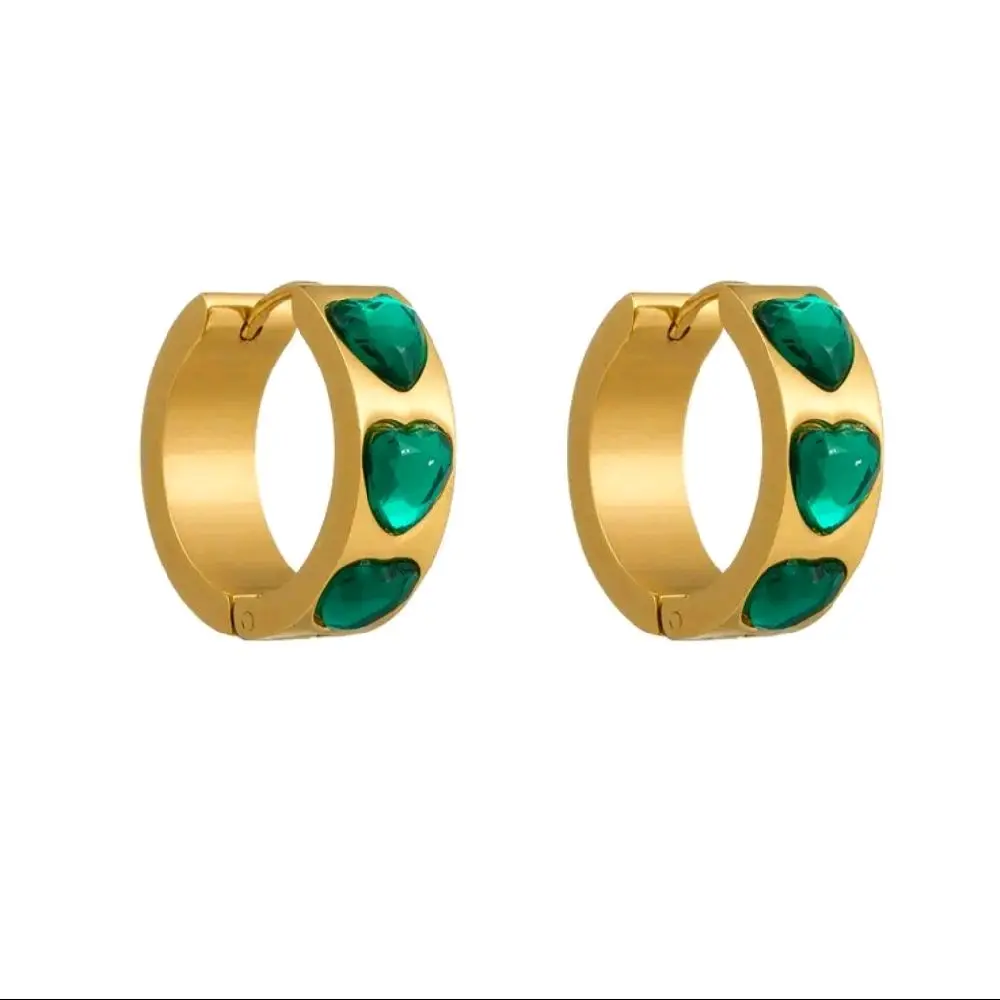 Heart Green Zircon Huggie Hoop Earrings