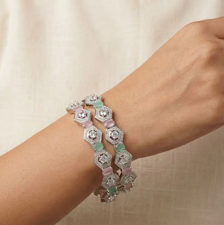 Delicate Pink & Green Gem Bangles