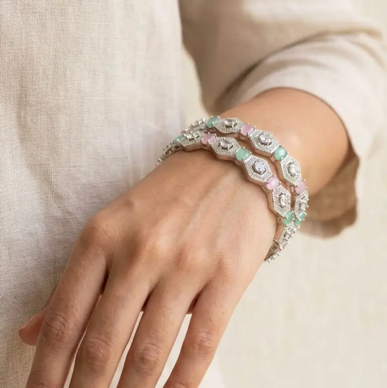 Delicate Pink & Green Gem Bangles