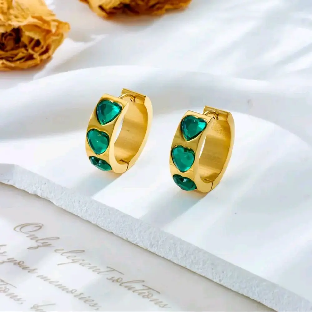 Heart Green Zircon Huggie Hoop Earrings