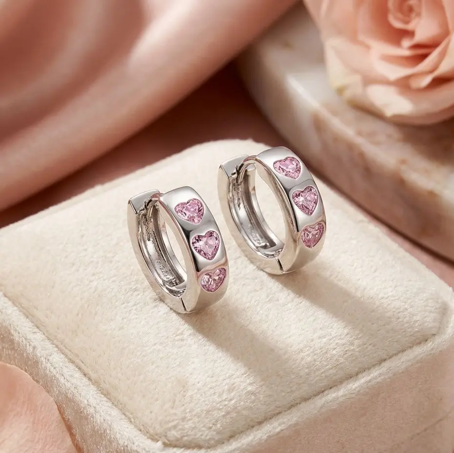 Pink Heart Gem Hoop Earrings
