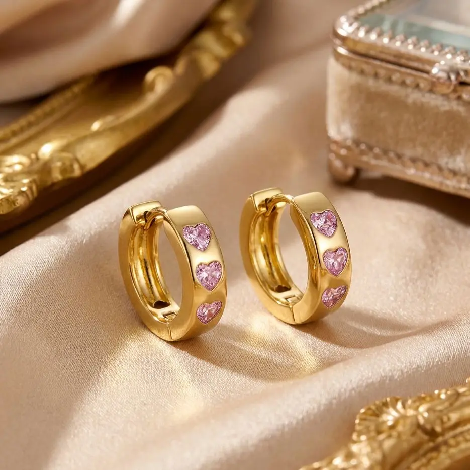 Pink Heart Gem Hoop Earrings