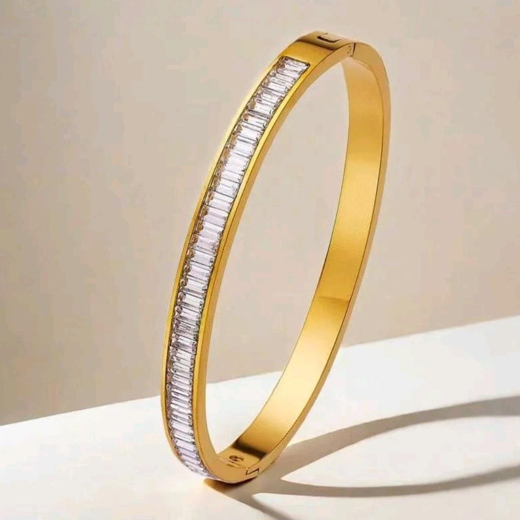 Square Crystal Zircon Inlaid Stainless Steel Gold Plated Bangle For Girls Women.