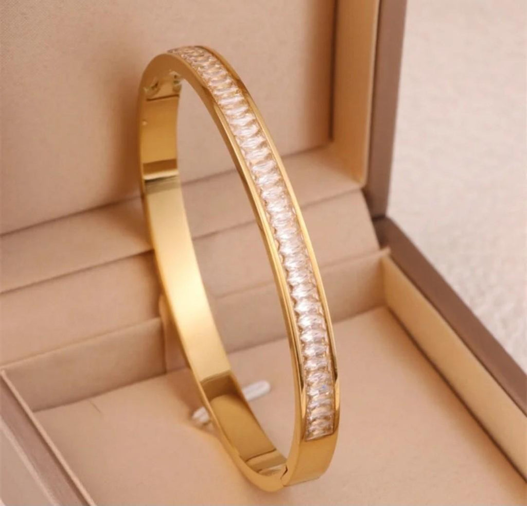 Square Crystal Zircon Inlaid Stainless Steel Gold Plated Bangle For Girls Women.