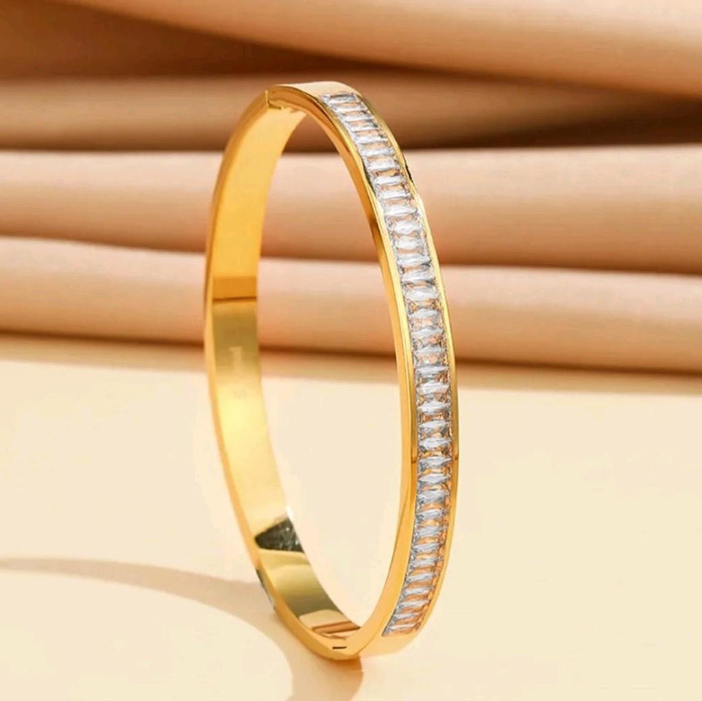 Square Crystal Zircon Inlaid Stainless Steel Gold Plated Bangle For Girls Women.