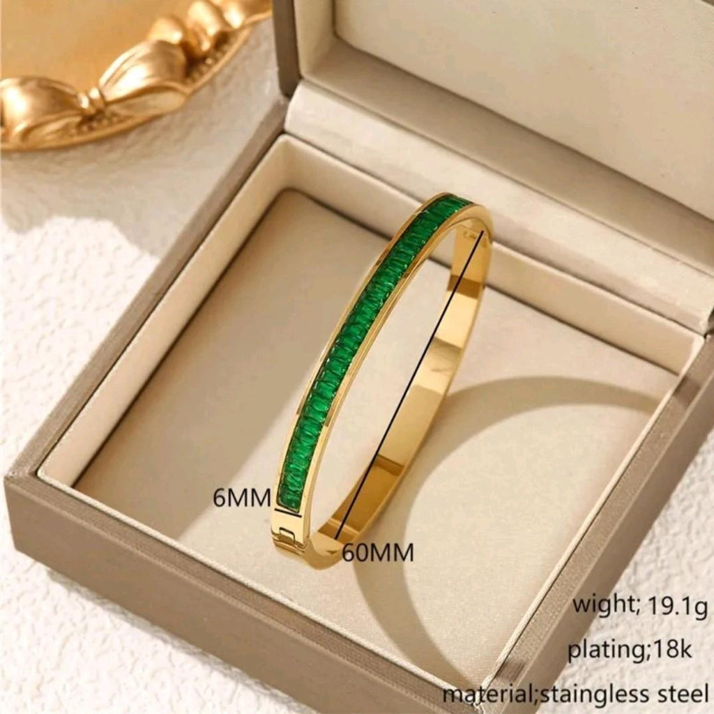 Square Crystal Zircon Inlaid Stainless Steel Gold Plated Bangle For Girls Women.