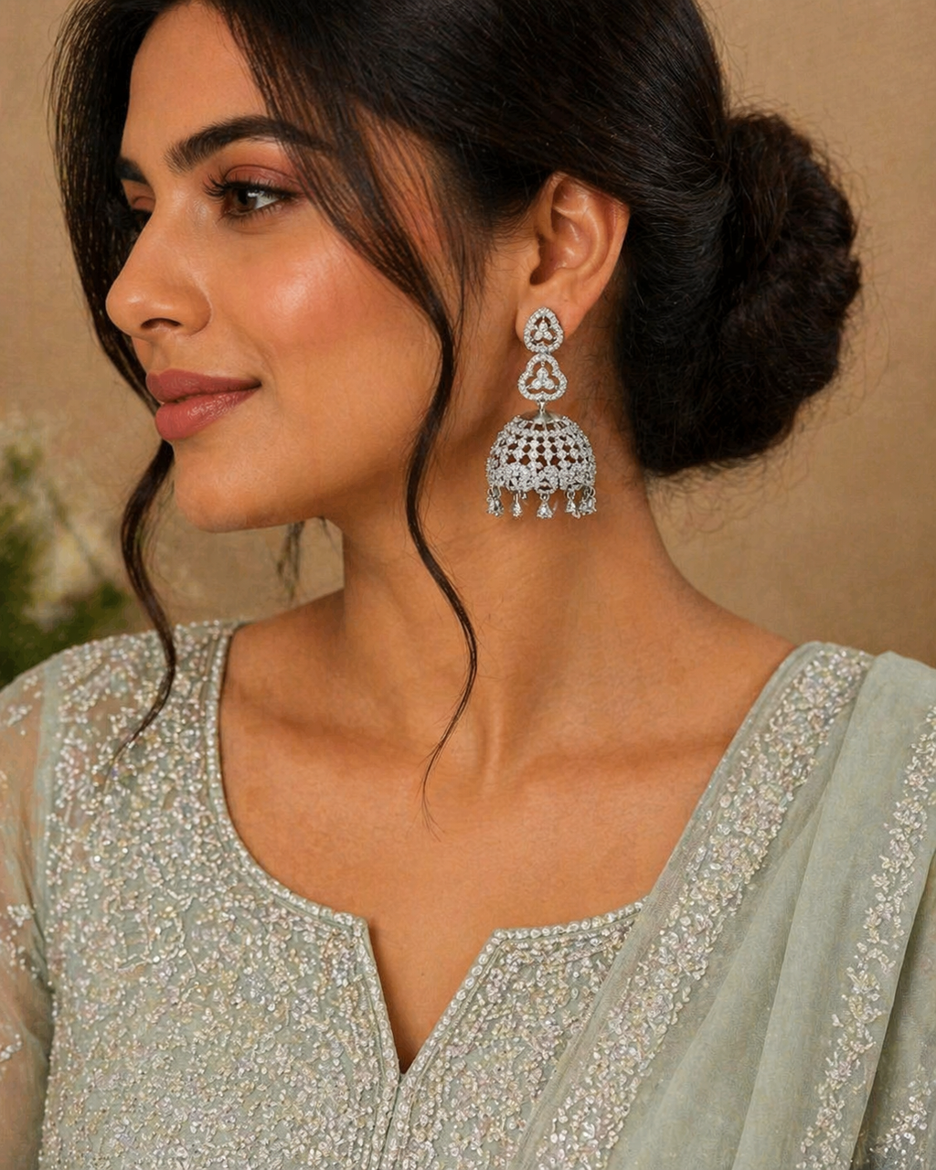 Silver-tone, Stone-studded Jhumka-Style Drop Earrings.