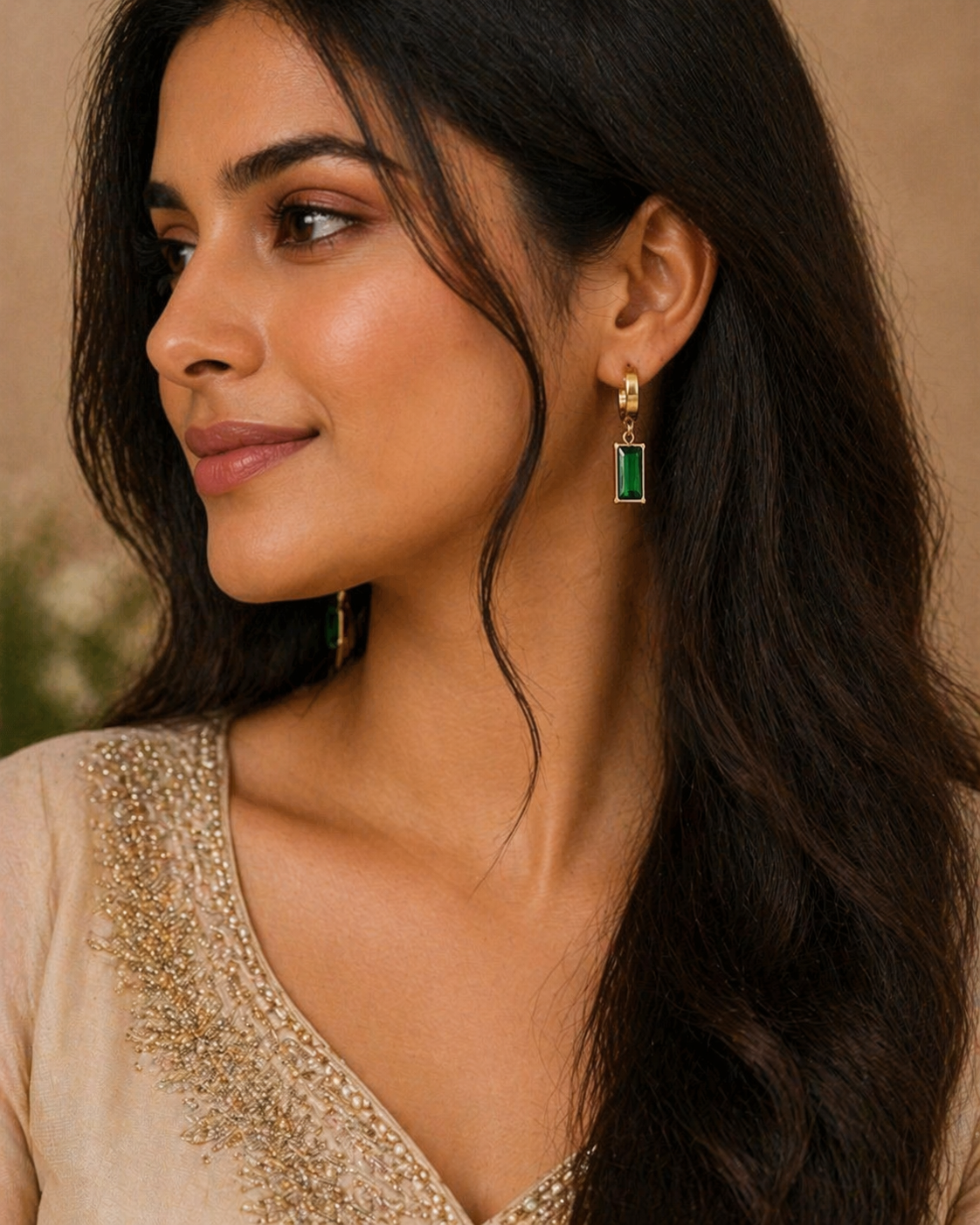 Square Green Crystal Zircon Earrings / Stainless Steel.