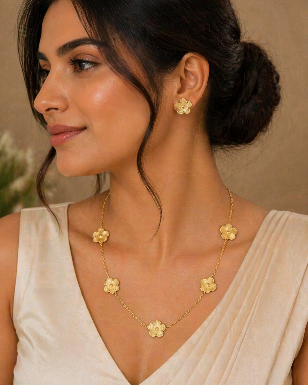 Clover Necklace Bracelet and Earrings Set in Gold Finish Perfect for Daily Wear Fashion Accessories